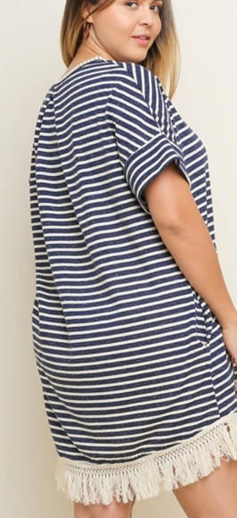 XL Navy stripe dress with fringe hem - Picture 3 of 3